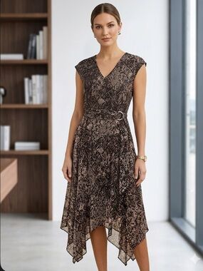 NWT DKNY Abstract Animal Print Handkerchief Hem Midi Dress Size 12
